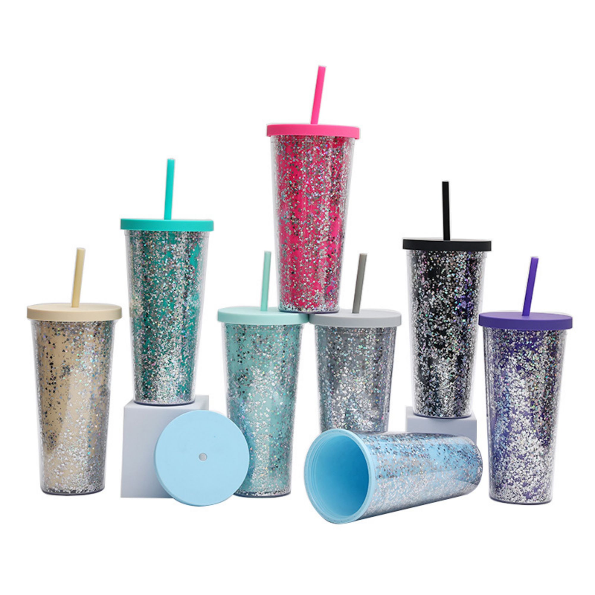 24Oz Mixed Sequin Straw Cup Item No#30513
