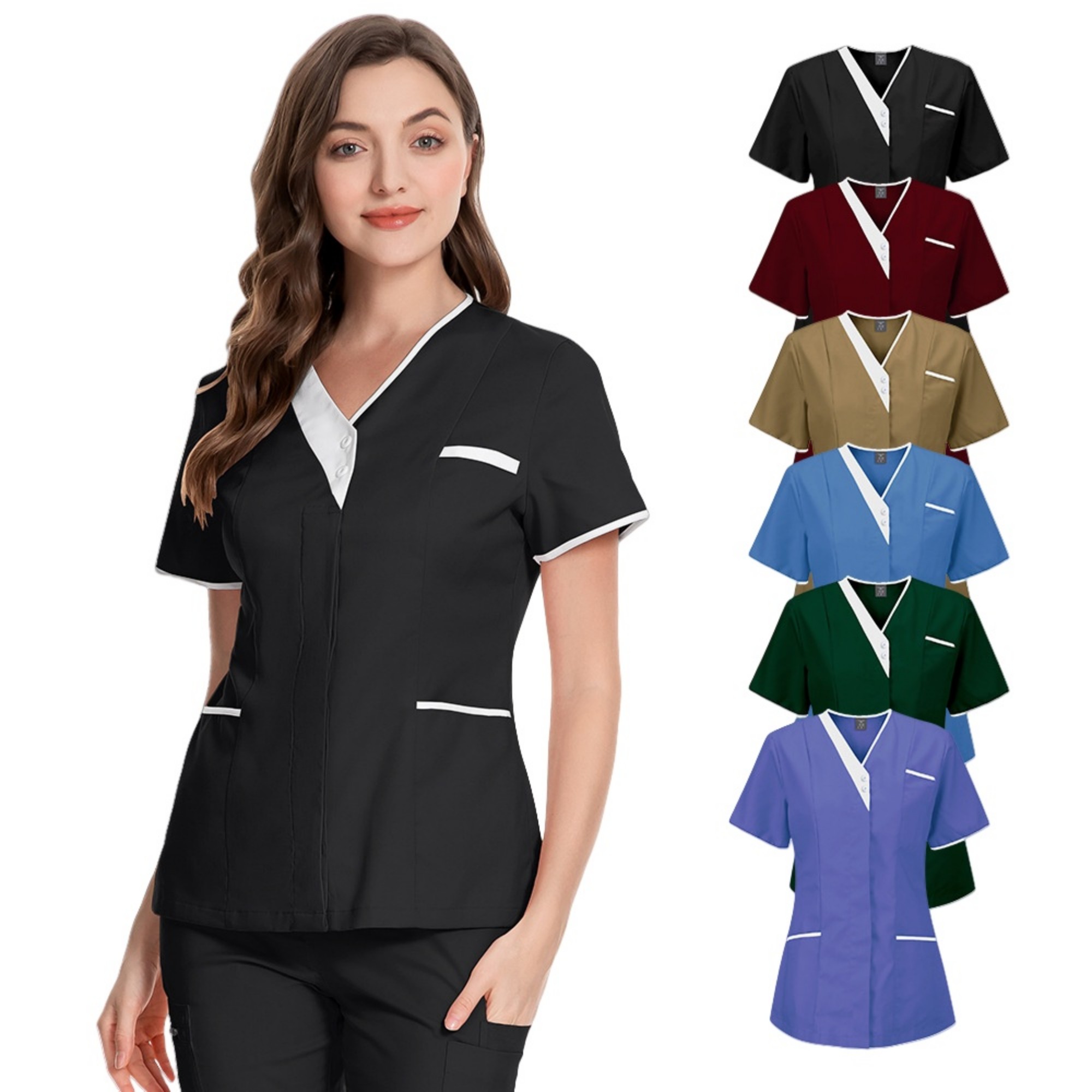 Solid Women V Neck Working Uniform With Pockets Item No#32341 - Image 2
