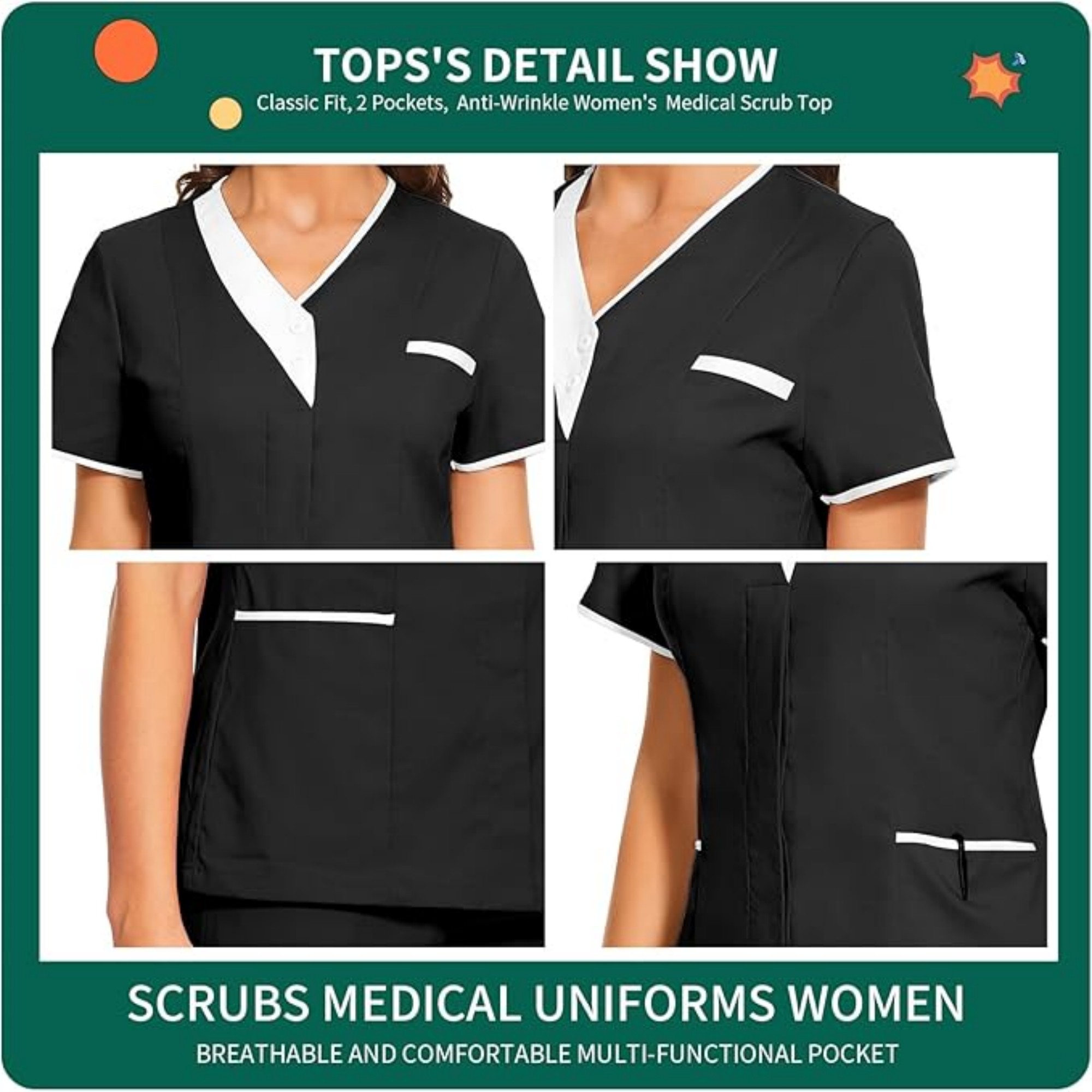 Solid Women V Neck Working Uniform With Pockets Item No#32341 - Image 3